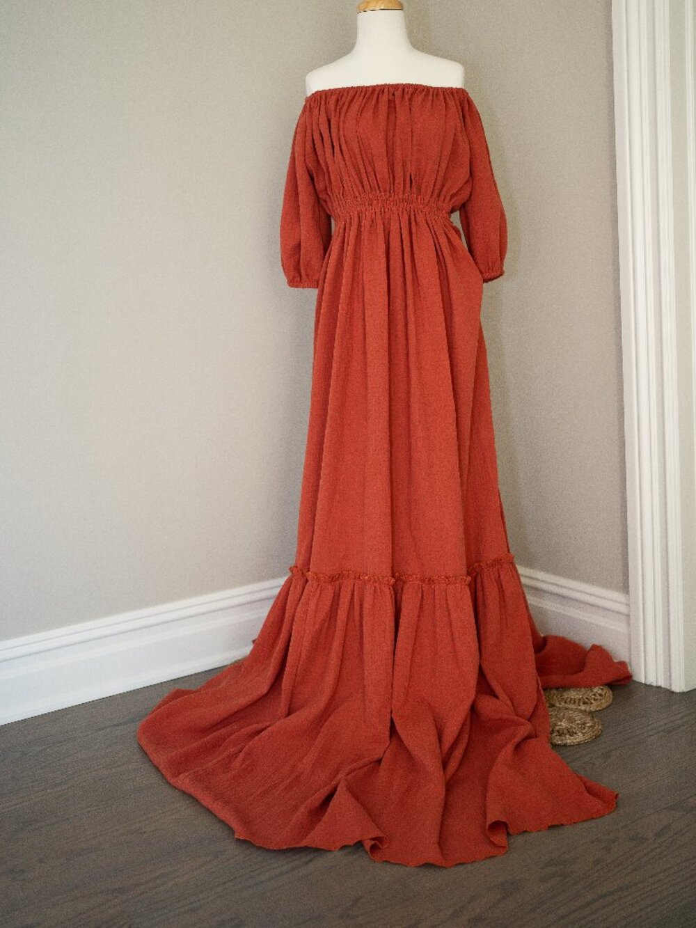 Rust off the shoulder dress